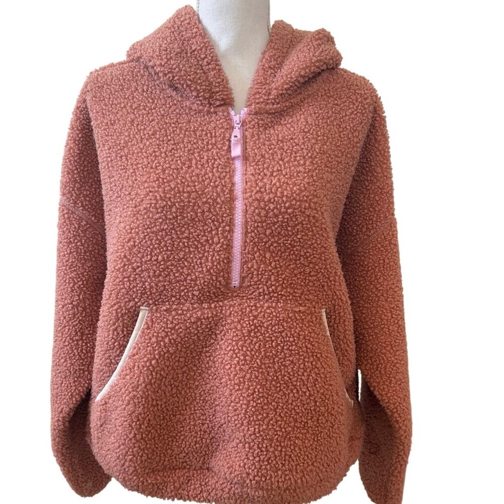 Wild Fable Rose Gold Pink Half-Zip Sherpa Hooded Jacket Large